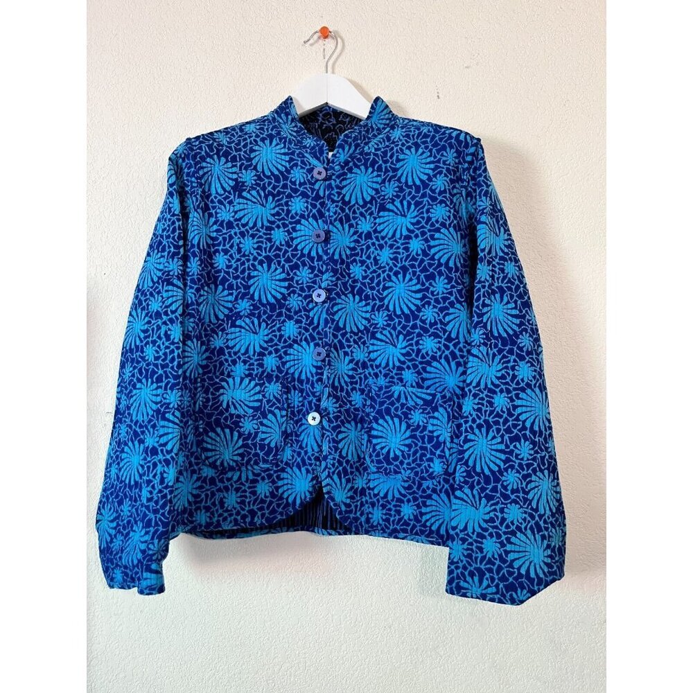 Womens Blue Floral Batik Reversible Jacket Button-Up Boho Lightweight Quilted